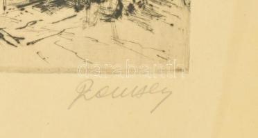 Remsey Jenő (1885-1970): Utcarészlet. Rézkarc, papír, jelzett, üvegezett fa keretben, 19,5x29 cm