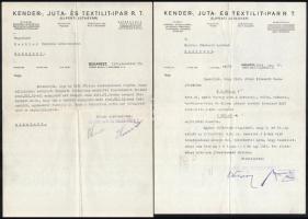 1942-1944 Bp., Kender-, Juta- és Textilipar Rt. felmondólevele zsidótörvényekre hivatkozva, és igazolása jövedelemről