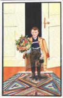 1936 Magyar folklór művészlap / Hungarian folklore art postcard, boy with flowers