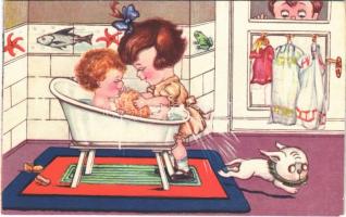 1937 Children art postcard, bathing. Amag 0277.