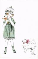 Children art postcard, girl with dog. N.P.G. A1002/5. s: E. Weber