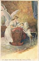 Megállj! Neuber Ráfael Mű-Kiadása S. 31. / Children art postcard, angel and dog with baby s: R. Kratki (vágott / cut)