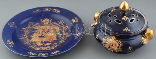 Limoges porcelán ragutál aljával, Aranyozott, kék festéssel. Jelzett, kopással d: 30 cm m: 20 cm