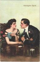 Gewagtes Spiel / Lady art postcard, romantic couple, playing cards s: Clarence F. Underwood