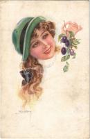 1921 Lady art postcard, grapes. ERKAL Nr. 372/1. s: Usabal (EB)