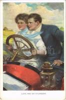Love and Six Cylinders Lady art postcard, romantic couple, chauffeur. M. Munk Vienne Nr. 742. s: Clarence F. Underwood (EK)