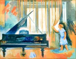 B. Séday Mária (1925-2009): ...és a zongora (Seress Rezső zongorája). Olaj, vászon, jelzett. Hátoldalán autográf felirattal. Kissé sérült (apró felületi festék lepergéssel). Kissé kopott, üvegezett fa keretben. 70×90 cm