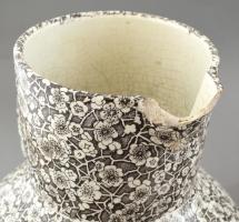 Antik 3 darabos mosdókészlet, matricás fajansz, jelzett, sérült. Kancsó m:30cm, mosdótál d:40cm, sza...