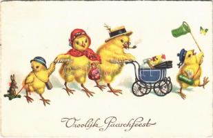 1934 Vroolijk Paaschfeest / Dutch Easter greeting art postcard with chicken family. WSSB 8414. (EK)
