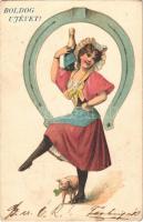 1906 Boldog Újévet! / New Year greeting art postcard, lady with champagne and pig. litho (Rb)