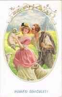 1930 Húsvéti üdvözlet / Easter greeting art postcard, romantic couple with sheep. August Rökl Nr. 1458. s: Streyc