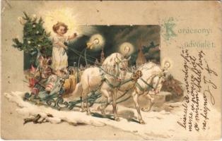 1903 Karácsonyi üdvözlet / Christmas greeting art postcard, angel with horse sled and toys. litho (kis szakadás / small tear)