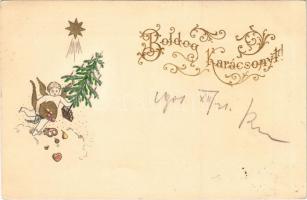 1901 Boldog Karácsonyt! / Christmas greeting art postcard, angel with Christmas tree. Emb. litho