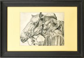 Olvashatatlan jelzéssel: Ló és lovas. Ceruza, papír. Üvegezett fa keretben. 20x25,5 cm