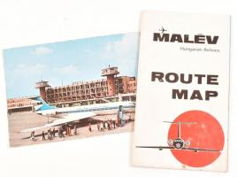 cca 1960-1980 MALÉV járatainak angol nyelvű térképe, 47,5x33,5 cm + MALÉV TU-134 típusú gázturbinás repülőgépe fotólap / MALÉV Hungarian Airlines route map, 47,5x33,5 cm + MALÉV Type TU-134 aircraft with gas-turbine, photo postcard
