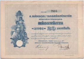 Mándok 1927. "Mándoki Takarékpénztár Részvénytársaság" részvénye 20P-ről, szelvényekkel és...