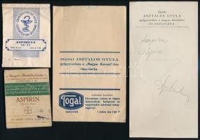 cca 1930 Szada, Asztalos Gyula gyógyszertára, Olaszliszka gyógyszeres borítékok, gyógyszerészettel kapcsolatos nyomtatványok