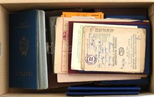 Cipősdoboznyi vegyes okmány és igazolvány: fényképes útlevelek, szakszervezeti és egyéb tagsági könyvek, belépők, stb.