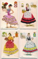4 db MODERN használatlan spanyol népviseletes motívum képeslap textil rátéttel / 4 modern unused Spanish folklore motive postcards with textile applique