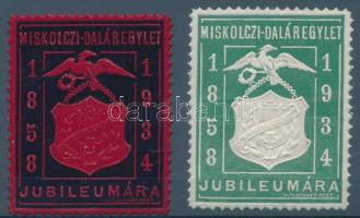 1934 Miskolczi-daláregylet jubileuma 2 db levélzáró zöld-fehér és fekete-piros kiadásban, Balázs 82.05. (ritka)