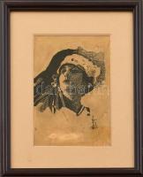 Ferenczi Béla (?-): Női arc, tus, papír, jelzett, üvegezett keretben, foltos, felületén törésnyom, 17×11 cm