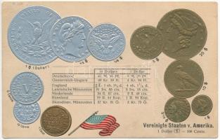 Amerikai Egyesült Államok pénzérmék német kiadású, ezüstözött és aranyozott dombornyomott, litográf képeslapon,  Postcard with USA flag and US set of coins