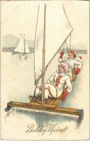 1916 Boldog Újévet! Jégvitorlázás, téli sport / Ice boating, ice yachting, winter sport art postcard with New Year greeting. SB Special 5222. litho (vágott / cut)