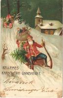 Kellemes Karácsonyi Ünnepeket / Christmas greeting art postcard with Saint Nicholas, dwarves, toys, sled. litho (Rb)