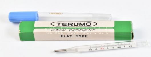 Terumo japán gyártmányú higanyos lázmérő, műanyag tokban, eredeti papírdobozában, h: 10,5 cm