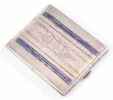 Ezüst(Ag) monogramos cigarettatárca, belül ajándékozási felirattal, jelzett, zománcberakással, 8×10 cm, bruttó: 122,16 g