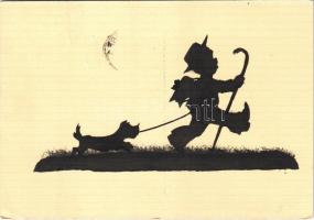 1936 Silhouette children art postcard, boy with dog (EK)