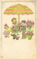 1944 Children art postcard, flowers, dog (EB)