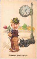 1944 Türelem rózsát terem / Children art postcard, boy with rose and dog. Amag 0499. (EK)