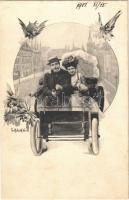 1901 Lady art postcard, romantic couple in an automobile. Art Nouveau, Floral. Fec. Ch. Scolik (EK)