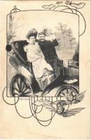 1901 Lady art postcard, romantic couple in a horse-drawn carriage. Art Nouveau, Floral. Fec. Ch. Scolik (kis szakadás / small tear)