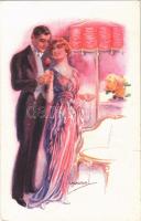 1919 Lady art postcard, romantic couple. ERKAL No. 318/6. s: Usabal (szakadás / tear)
