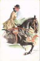 Lady art postcard, horse riding. ERKAL No. 320/4. s: Usabal
