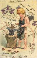 1906 Boldog Újévet! / New Year greeting art postcard with blacksmith angel. Art Nouveau, Emb. litho (apró lyuk / tiny pinhole)