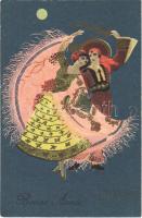 Bonne Année / Italian New Year greeting art postcard with dancing romantic couple. Ballerini & Fratini 352. s: Ezio Anichini (EK)