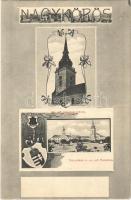 1906 Nagykőrös, Református templom tornya, Városháza és Református templom. Balla Vilmos kiadása. Art Nouveau, floral, címer (EK)