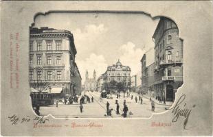 1900 Budapest VIII. Baross utca, villamos, üzletek. Divald Károly 142. sz. (EK)