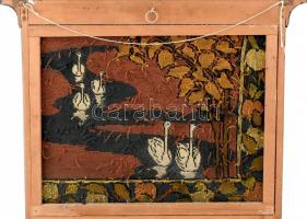 Szecessziós stílusú gobelin, Otto Eckmann után szabadon, sérült, fa keretben, 39x50,5 cm