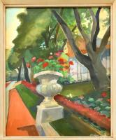 Szilágyi Jolán, Szamuely Tiborné (1895-1971): Virágzó kert. Akvarell, ceruza, papír, jelzett. Üvegezett, sarkaiban kissé sérült keretben. 49×34 cm