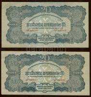1944. 20P "V.H." 2 klf méretű db erős vágási eltéréssel T:II+