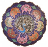 Indiai zománcozott réz tál, pávás motívummal. Kopott. d:19,5cm