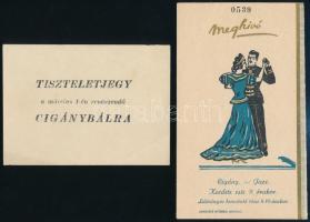 cca 1920-40 Meghívó cigány jazz, számozott, 13x7,5 cm + tiszteletjegy cigánybálra, 7x10 cm