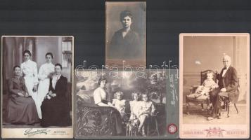 cca 1880-1910 4 keményhátú vintage fotó különböző műtermekből (Kozmata Ferencz Bp., Sinayberger Bp., Boronkai B. Béla Pécs, Kumpf Antal Magyaróvár) kopásnyomokkal, Kozmata sérült, 10x6,5 cm