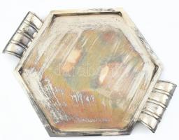 Ezüst (Ag) Art déco hexagon alakú füles tálca, jelzett, d:35cm, 515g