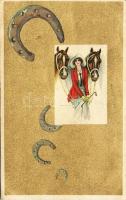 Olasz művészlap, női lovas, patkó, Anna & Gasparini 122-3. s: Nanni, Italian art postcard, female horse rider, horse shoe, Anna & Gasparini 122-3. s: Nanni