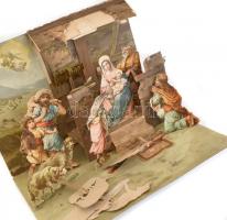 cca 1890-1900 kihajtható papír-karton betlehemi játék, litográfia, sérült, hiányos 24x18 cm